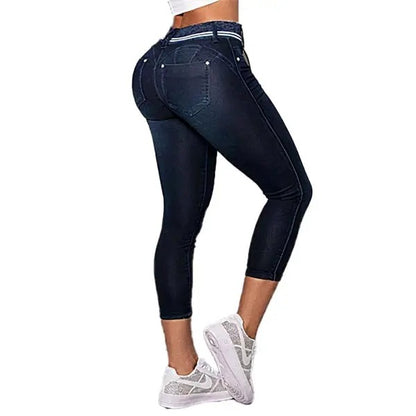 Wash Contrast Binding Double Button Drawstring Mid Waist High Stretch Fit Capri Jeans  Pant