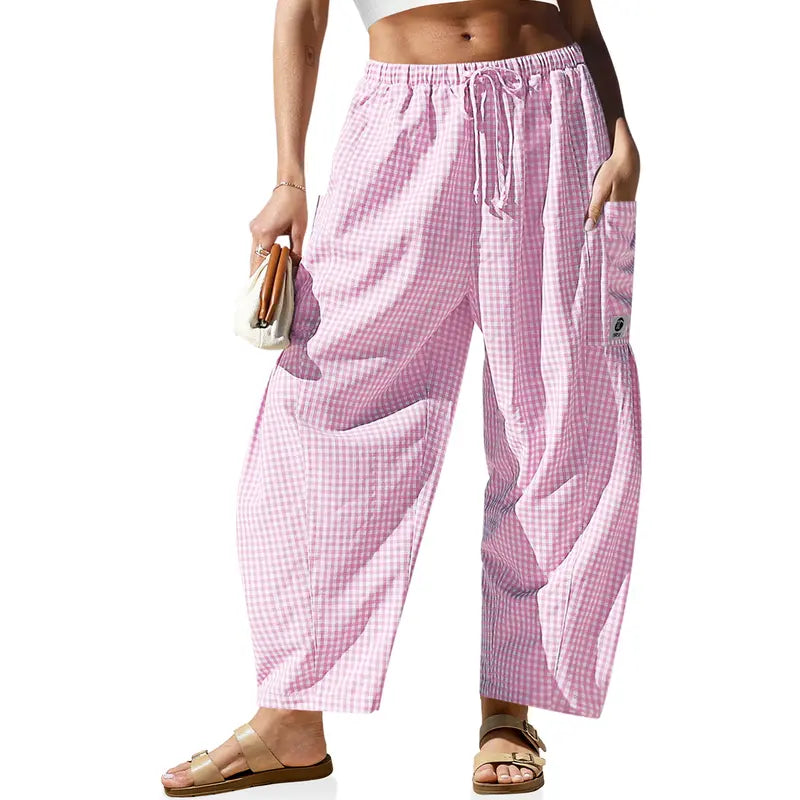 Womens Wide Leg Gingham Striped Plaid Pants with Pockets