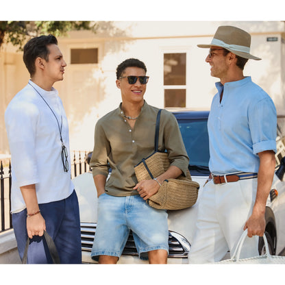 Mens Linen Shirts Casual Cotton 3/4 Sleeve Regular-Fit Henley T-Shirt