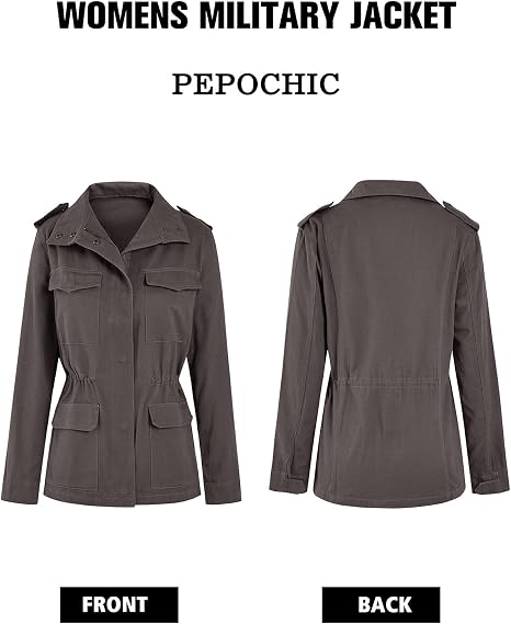 Women's Military Jacket Zip Up Snap Buttons