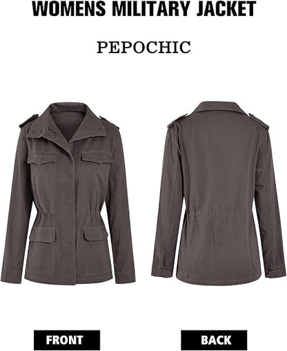 Women's Military Jacket Zip Up Snap Buttons