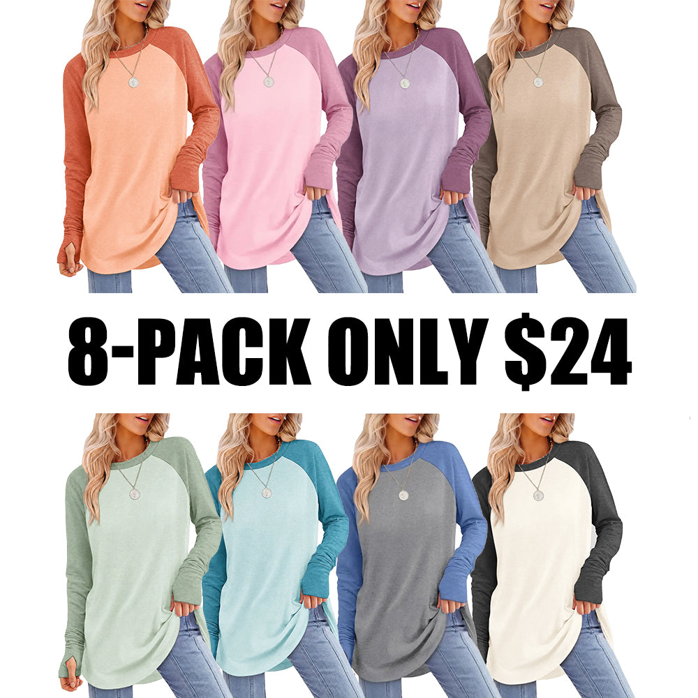 Women's Long Sleeve Tunic Top – Round Neck, Curved Hem & Thumb Holes