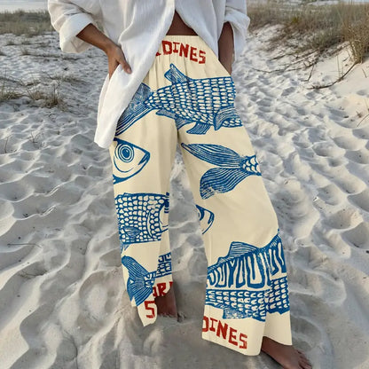 🔥 Perfect Summer Elastic Waistband Vacation Ukiyoe Style Sardine Wide Leg Print Pant