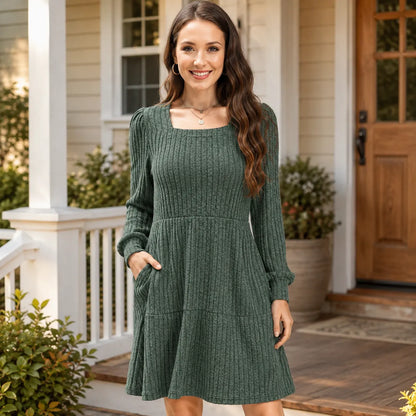 Square Neck Long Sleeve Babydoll Sweater Dress