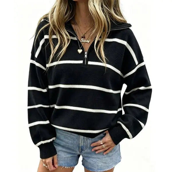 🔥Last Day💥Women's Color-Blocked Striped Quarter-Zip Sweater