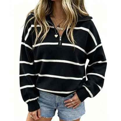 🔥Last Day💥Women's Color-Blocked Striped Quarter-Zip Sweater