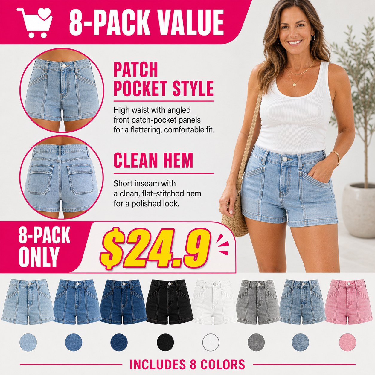 🔥Flash Sale⚡Light Blue Patch-Pocket Denim Shorts - 8/12 Pack Value Set