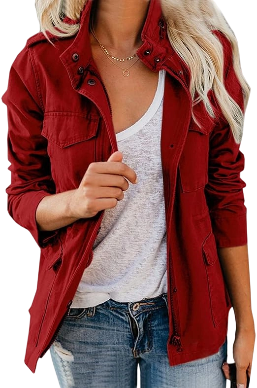 Women's Military Jacket Zip Up Snap Buttons