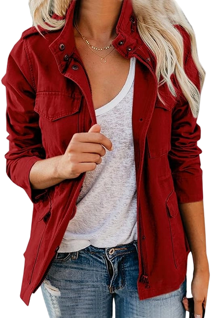 Women's Military Jacket Zip Up Snap Buttons