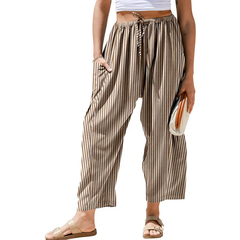Womens Wide Leg Gingham Striped Plaid Pants with Pockets