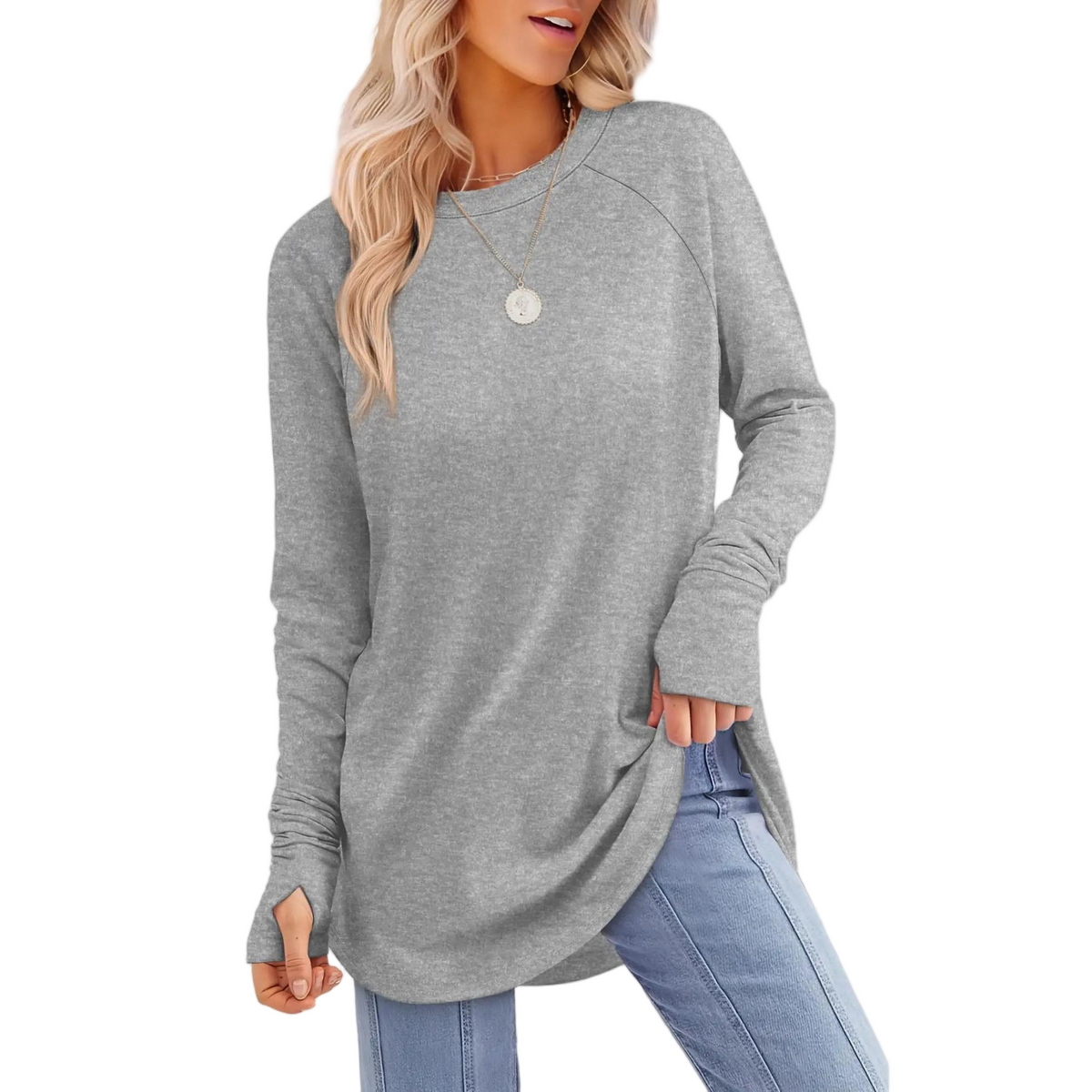 Women's Long Sleeve Tunic Top – Round Neck, Curved Hem & Thumb Holes