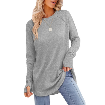 Women's Long Sleeve Tunic Top – Round Neck, Curved Hem & Thumb Holes