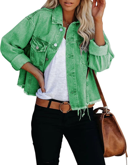🔥Last day promotion⏰—Womens Washed Crop Denim Jacket With Pockets