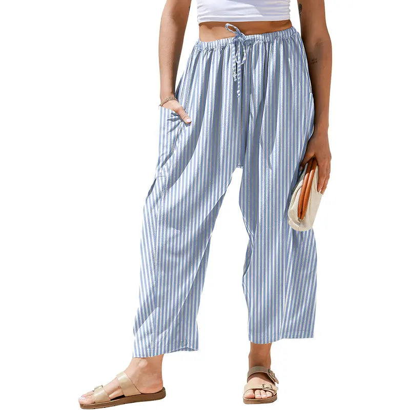 Womens Wide Leg Gingham Striped Plaid Pants with Pockets