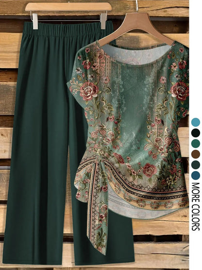 Women's Casual Printed Necktie Shirt and Loose Straight Pants Two-Piece Set