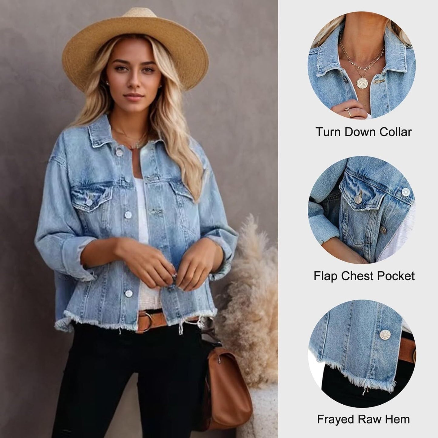 🔥Last day promotion⏰—Womens Washed Crop Denim Jacket With Pockets