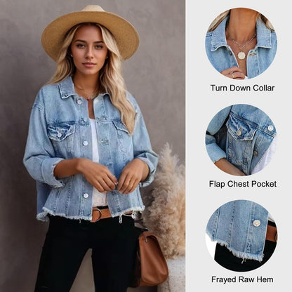 🔥Last day promotion⏰—Womens Washed Crop Denim Jacket With Pockets