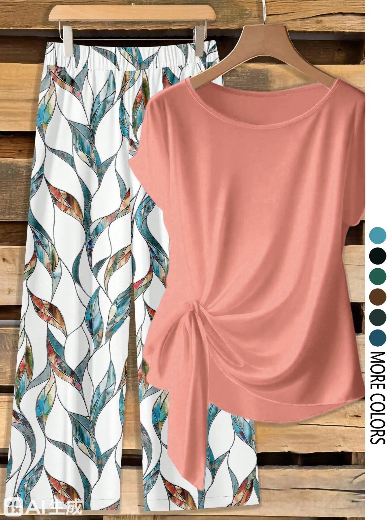 Women's Casual Printed Necktie Shirt and Loose Straight Pants Two-Piece Set