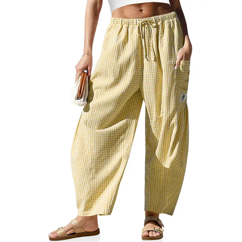 Womens Wide Leg Gingham Striped Plaid Pants with Pockets