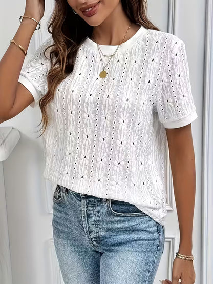 2026 Spring/Summer New Commuter Textured Jacquard Hollow Short-Sleeve Round-Neck T-Shirt, Casual And Minimalist Women'S Top