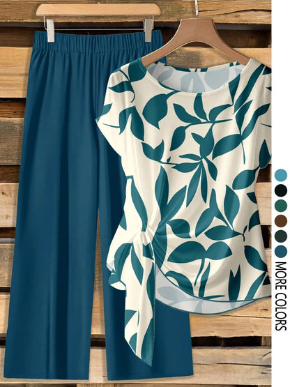 Women's Casual Printed Necktie Shirt and Loose Straight Pants Two-Piece Set