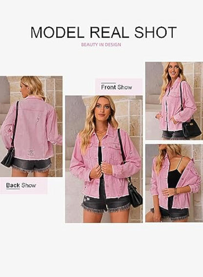 🔥Last day promotion⏰—Womens Washed Crop Denim Jacket With Pockets