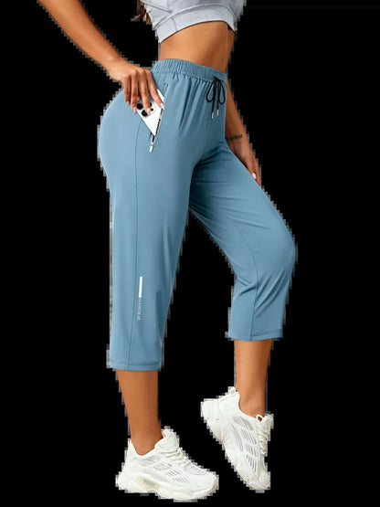 Women's Capris Pants - Loose Fit, Summer Drawstring Waist, Zippered Pockets, Breathable High-Stretch Fabric, Suitable for Everyday Wear