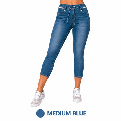 Wash Contrast Binding Double Button Drawstring Mid Waist High Stretch Fit Capri Jeans  Pant