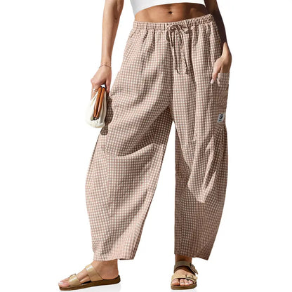Womens Wide Leg Gingham Striped Plaid Pants with Pockets