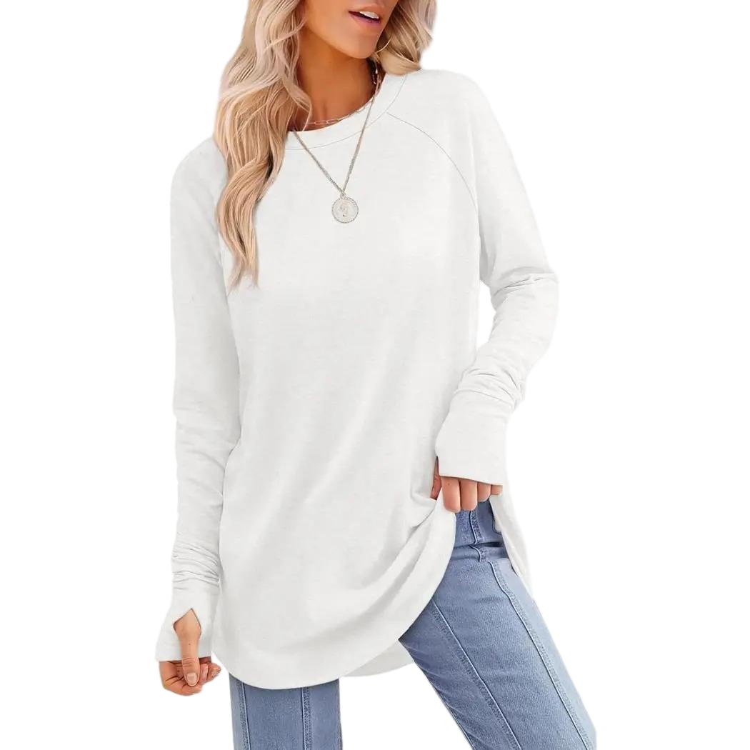 Women's Long Sleeve Tunic Top – Round Neck, Curved Hem & Thumb Holes