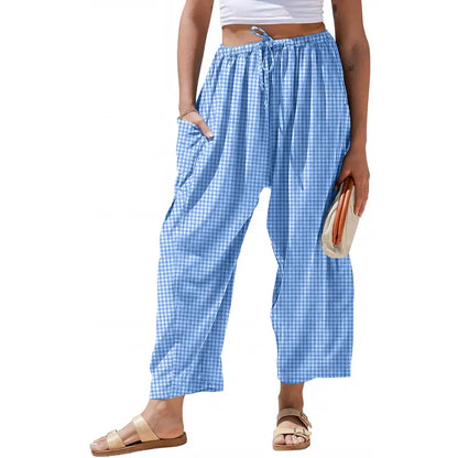 Womens Wide Leg Gingham Striped Plaid Pants with Pockets