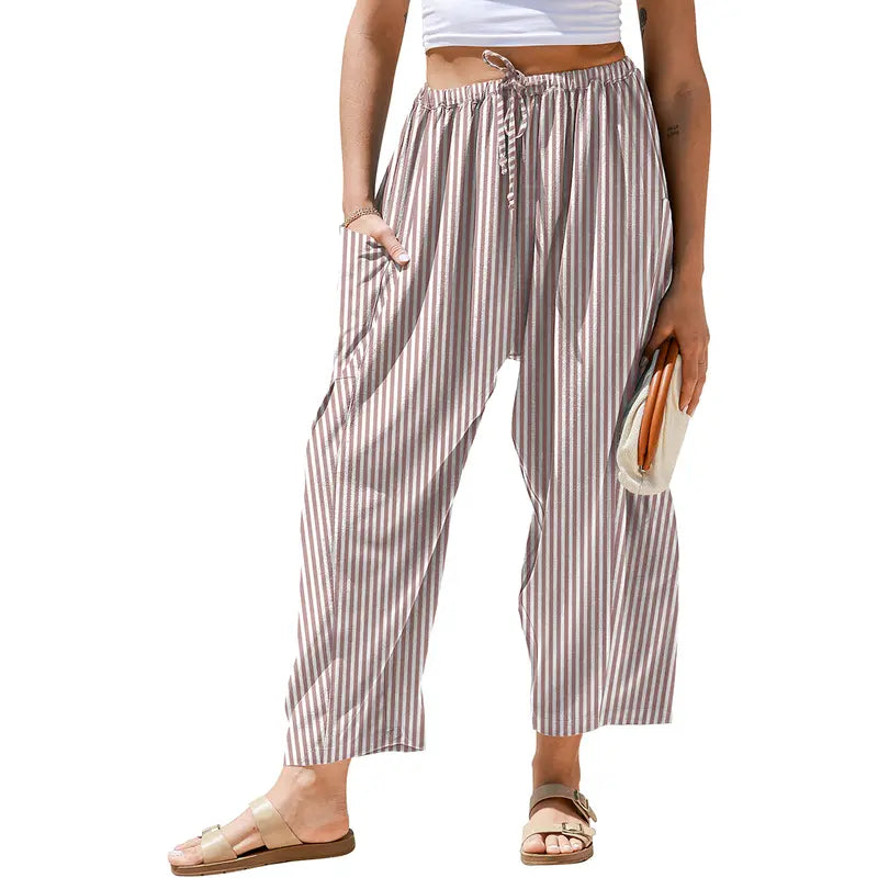 Womens Wide Leg Gingham Striped Plaid Pants with Pockets