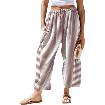 Womens Wide Leg Gingham Striped Plaid Pants with Pockets