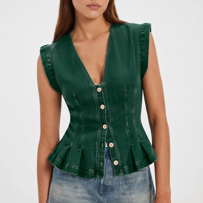 🚨Ends at Midnight ! Women's V Neck Denim Vests Tops Button Down Y2k Fitted Pleated Sleeveless Jean