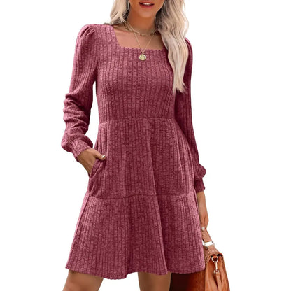 Square Neck Long Sleeve Babydoll Sweater Dress