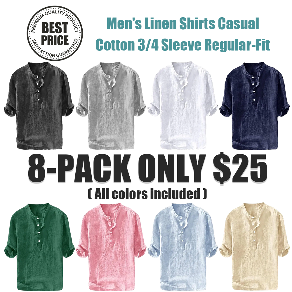 Mens Linen Shirts Casual Cotton 3/4 Sleeve Regular-Fit Henley T-Shirt