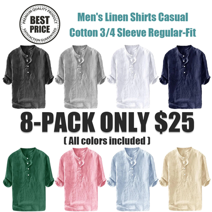 Mens Linen Shirts Casual Cotton 3/4 Sleeve Regular-Fit Henley T-Shirt