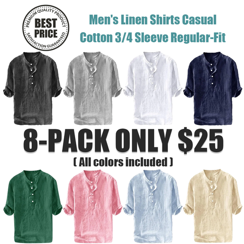 Mens Linen Shirts Casual Cotton 3/4 Sleeve Regular-Fit Henley T-Shirt