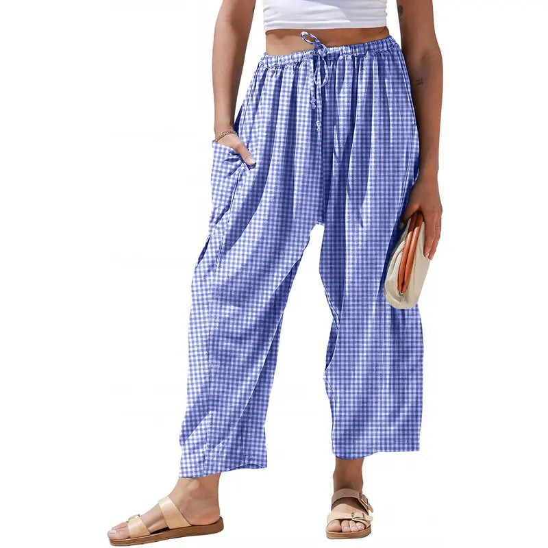Womens Wide Leg Gingham Striped Plaid Pants with Pockets