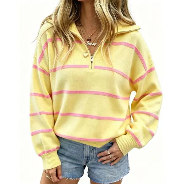 🔥Last Day💥Women's Color-Blocked Striped Quarter-Zip Sweater