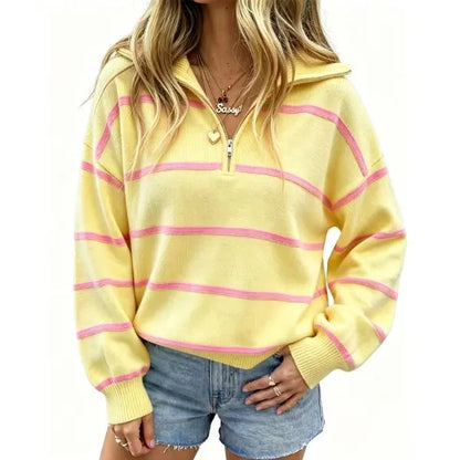 🔥Last Day💥Women's Color-Blocked Striped Quarter-Zip Sweater