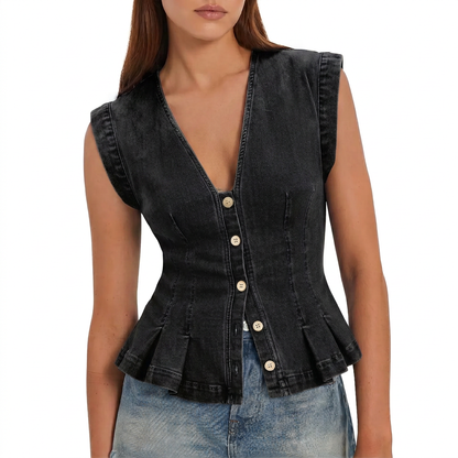 🚨Ends at Midnight ! Women's V Neck Denim Vests Tops Button Down Y2k Fitted Pleated Sleeveless Jean