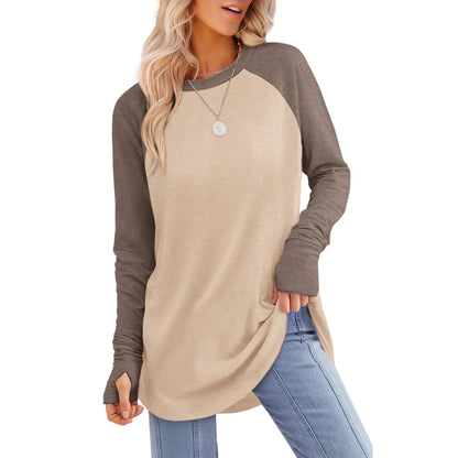 Women's Long Sleeve Tunic Top – Round Neck, Curved Hem & Thumb Holes