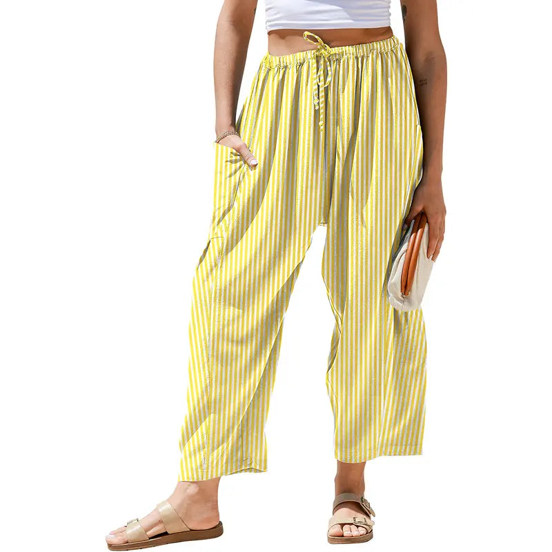 Womens Wide Leg Gingham Striped Plaid Pants with Pockets