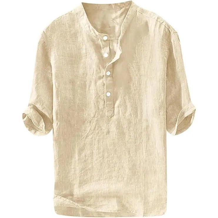 Mens Linen Shirts Casual Cotton 3/4 Sleeve Regular-Fit Henley T-Shirt
