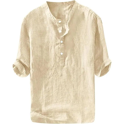 Mens Linen Shirts Casual Cotton 3/4 Sleeve Regular-Fit Henley T-Shirt