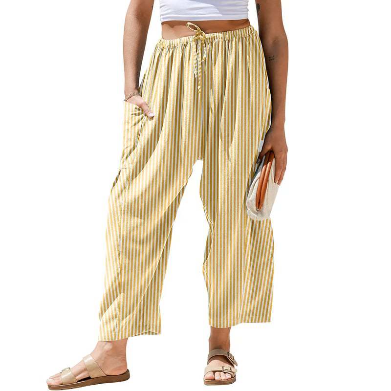 Womens Wide Leg Gingham Striped Plaid Pants Casual Barrel Loose Drawstring Low Waist Palazzo Harem Pants with Pockets