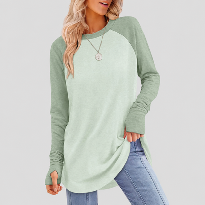 Women's Long Sleeve Tunic Top – Round Neck, Curved Hem & Thumb Holes