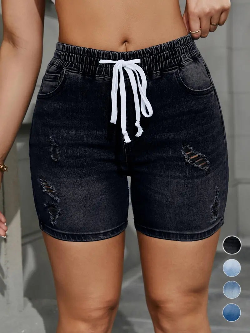 ⭐  Women's High Waisted Drawstring Ripped Denim Shorts with Pockets