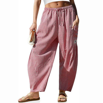 Womens Wide Leg Gingham Striped Plaid Pants Casual Barrel Loose Drawstring Low Waist Palazzo Harem Pants with Pockets